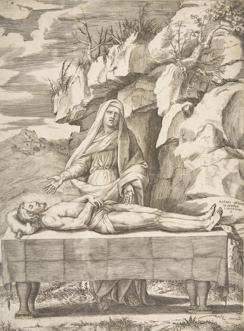 Pietà, Christ étendu sur une table dans un paysage, la Vierge debout derrière bras ouverts, 1531-76 - Giulio Bonasone
