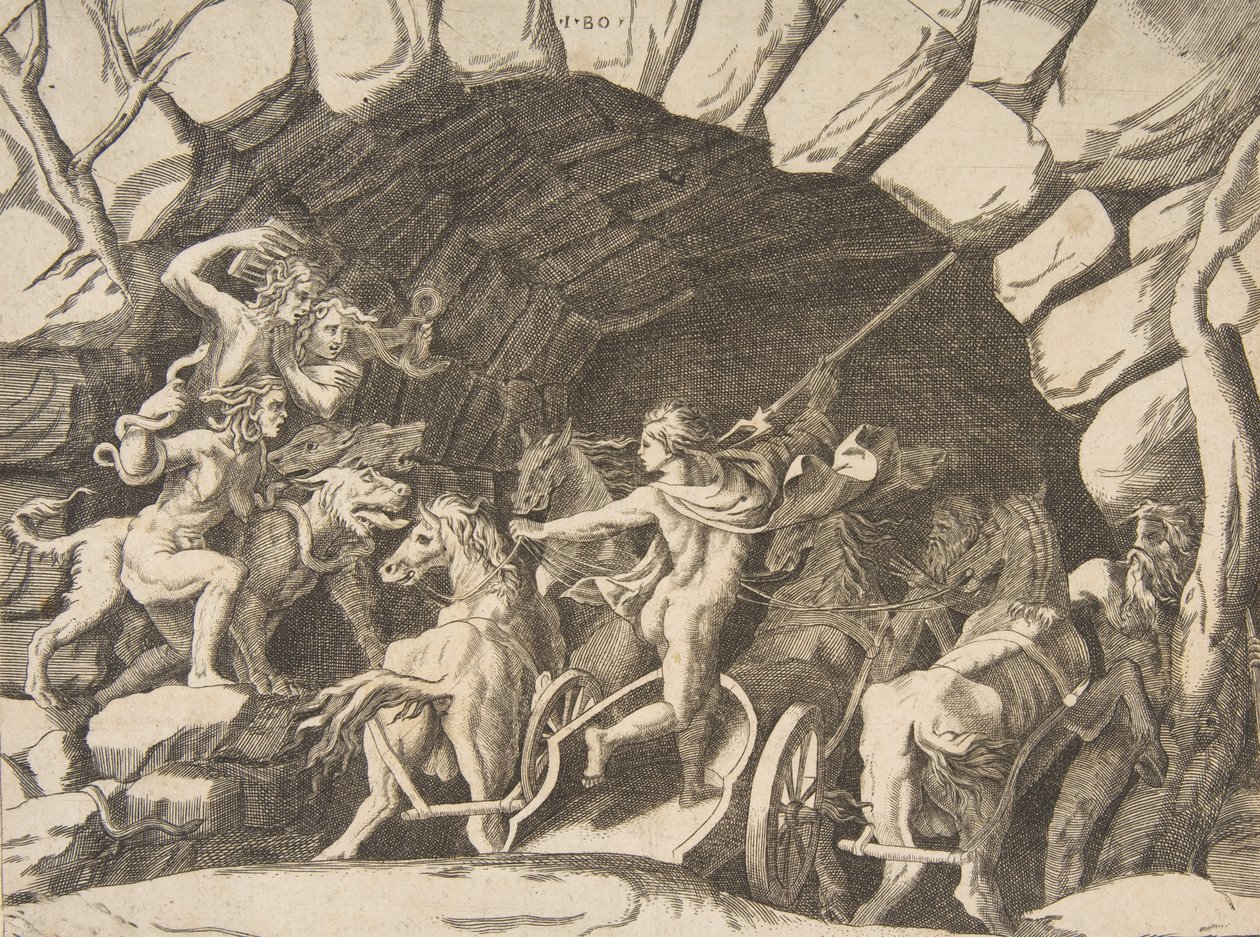 Pluton chevauchant un char descendant en enfer, de la 