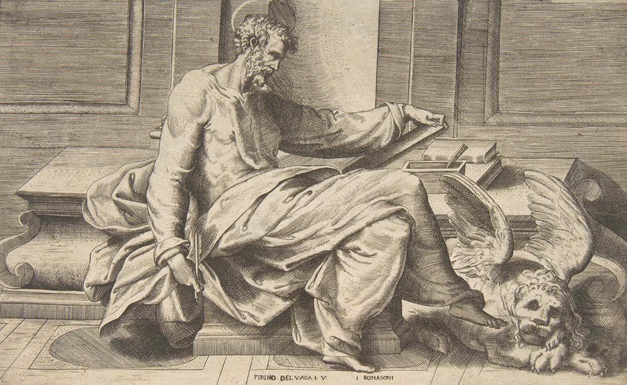 Saint Marc écrivant son évangile, lion ailé à droite - Giulio Bonasone