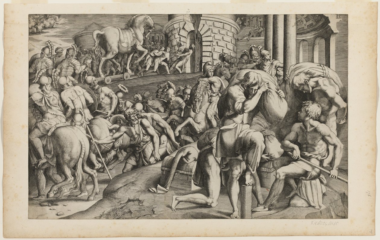 Le Cheval de Troie traîné dans la ville de Troie - Giulio Bonasone