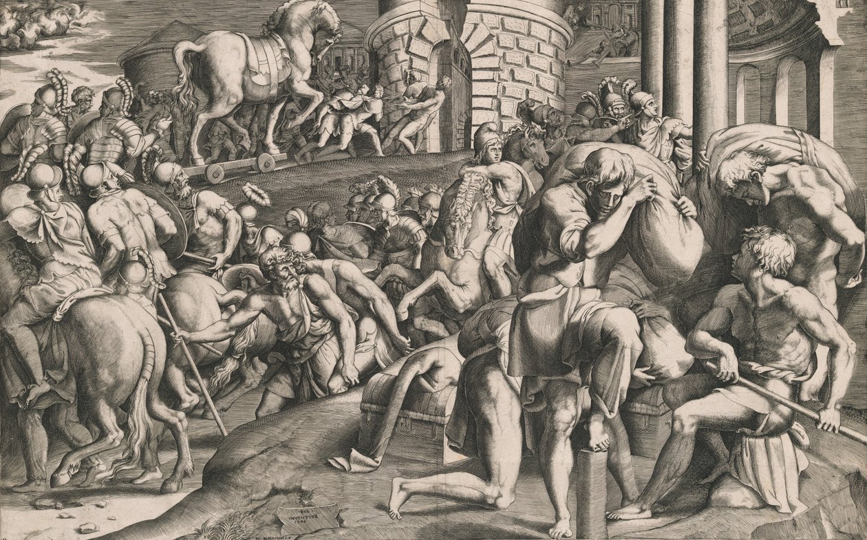 Les Troyens tirant le cheval de bois dans la ville, 1545 - Giulio Bonasone