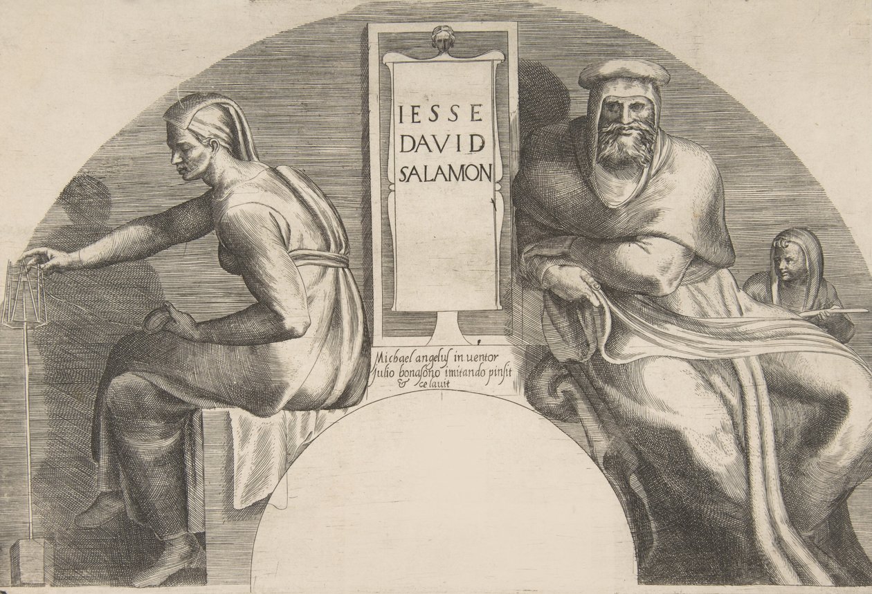 Les ancêtres du Christ flanquant une tablette inscrite, composition à sommet arqué, 1531-76 - Giulio Bonasone