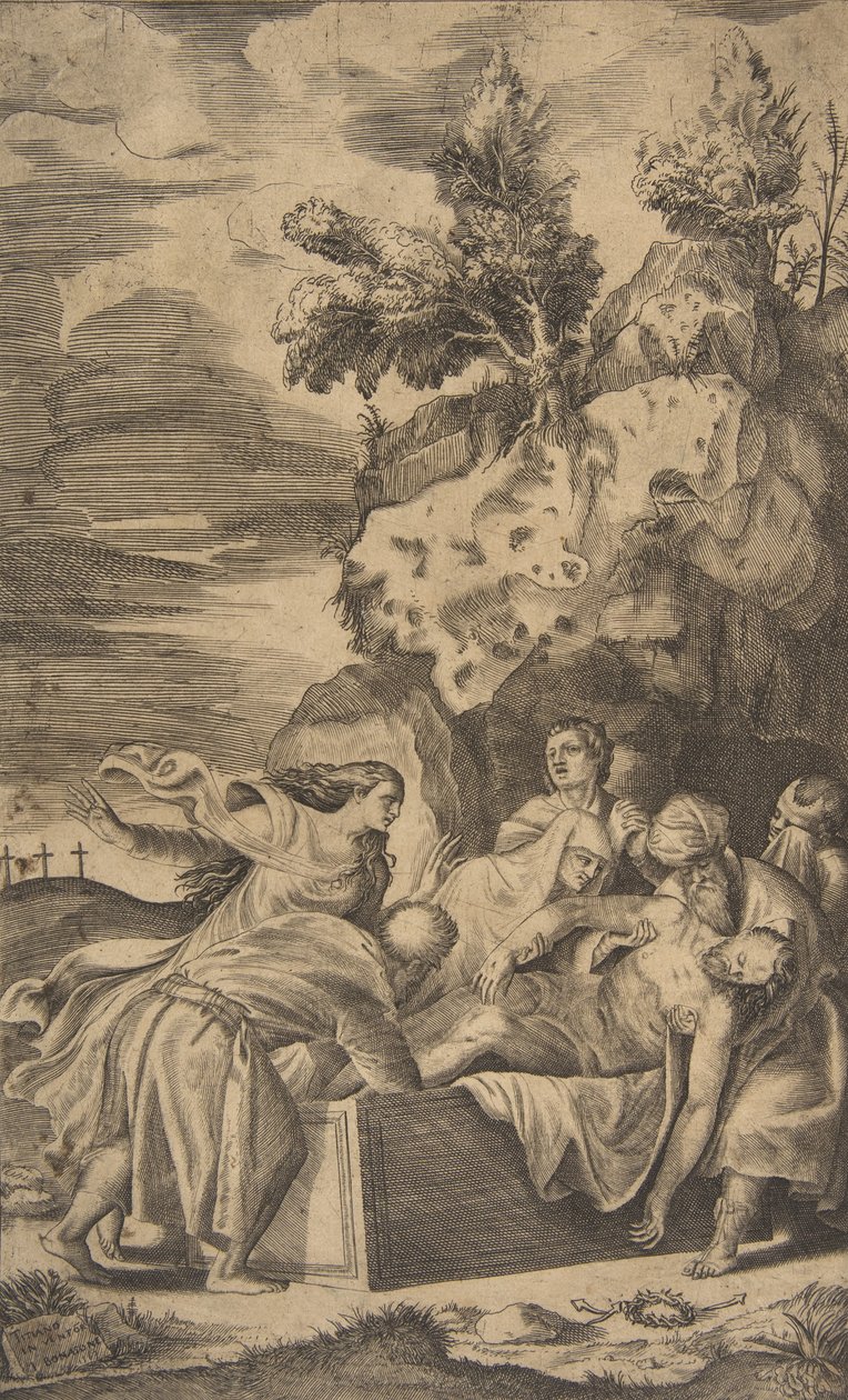 La mise au tombeau du Christ, les croix du Calvaire visibles en arrière-plan à gauche - Giulio Bonasone