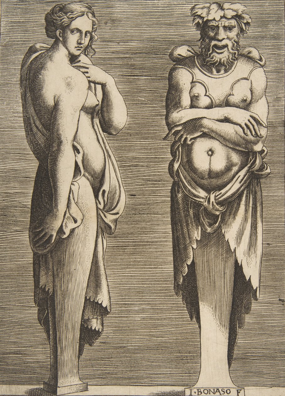 Deux termes, une nymphe à gauche Silvanus à droite, vers 1530-50 - Giulio Bonasone