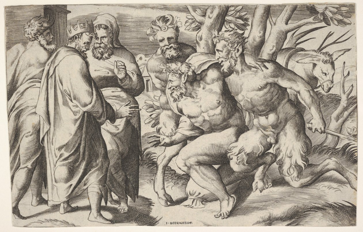 Deux satyres conduisant Silène au roi Midas, qui se tient à gauche avec deux assistants masculins - Giulio Bonasone