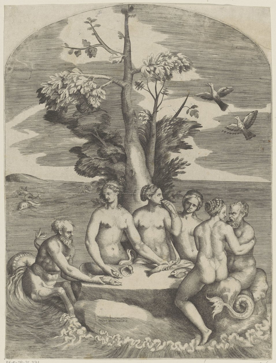 Quatre nymphes et deux dieux marins - Giulio Bonasone