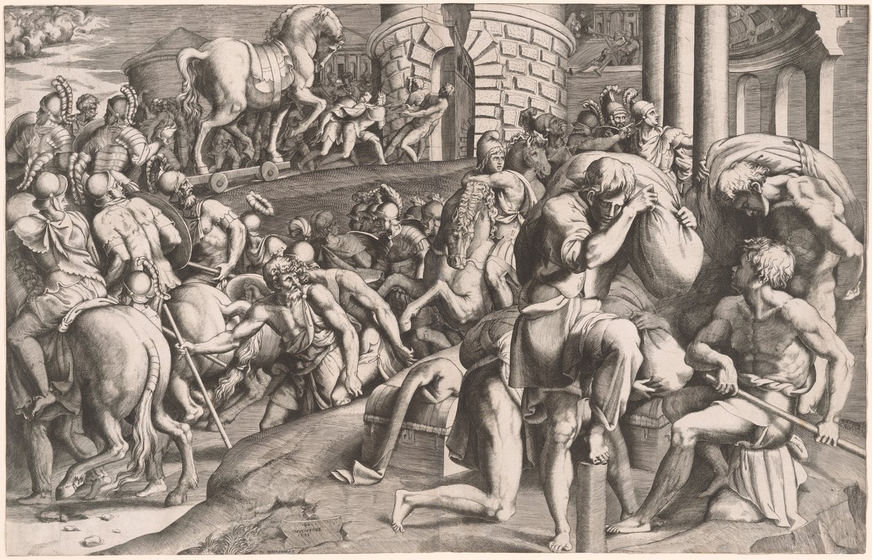Les Troyens tirant le cheval de bois dans Troie - Giulio Bonasone, after Francesco Primaticcio