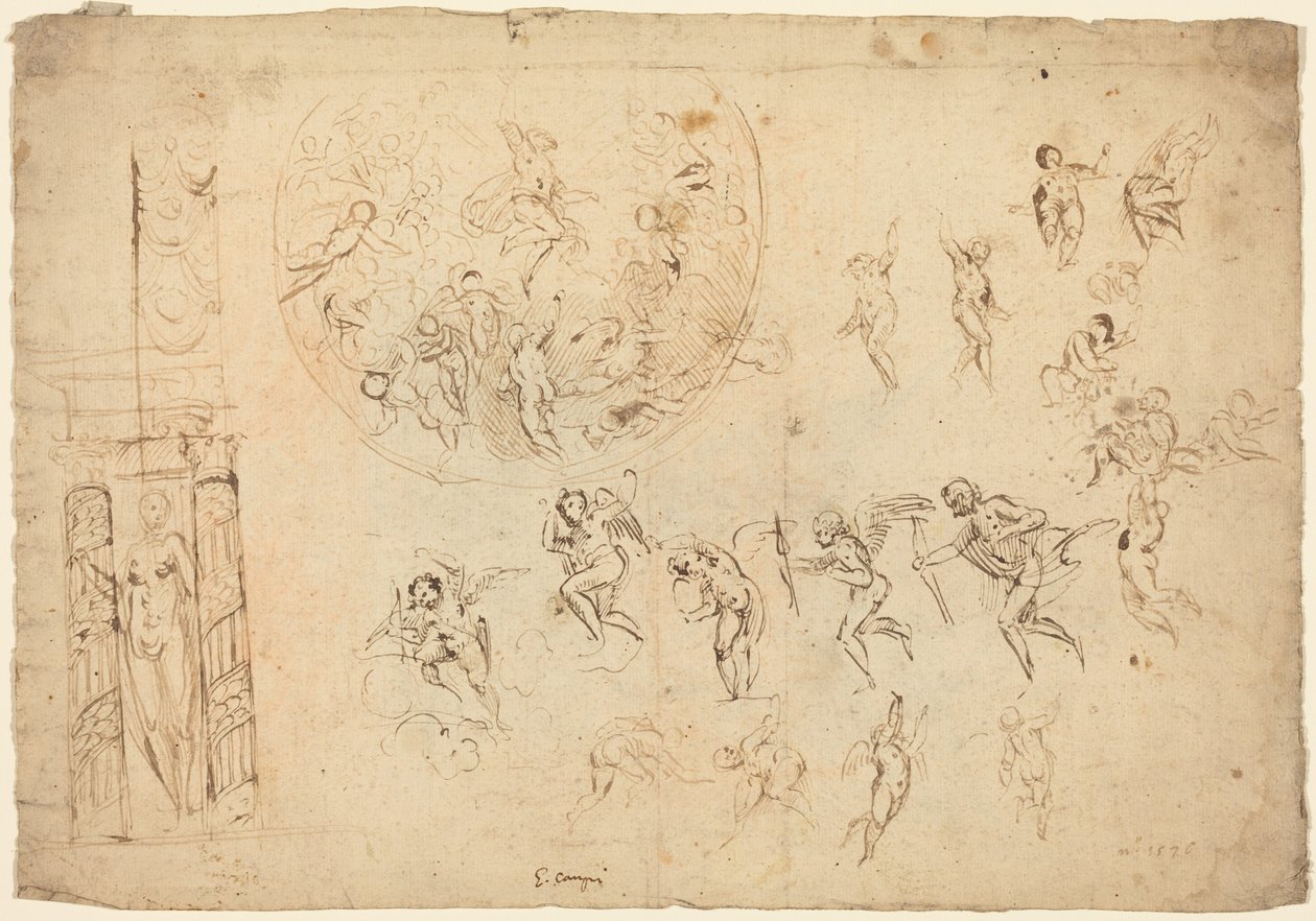An Ascension and Other Studies (plume et encre brune sur papier vergé) - Giulio Campi