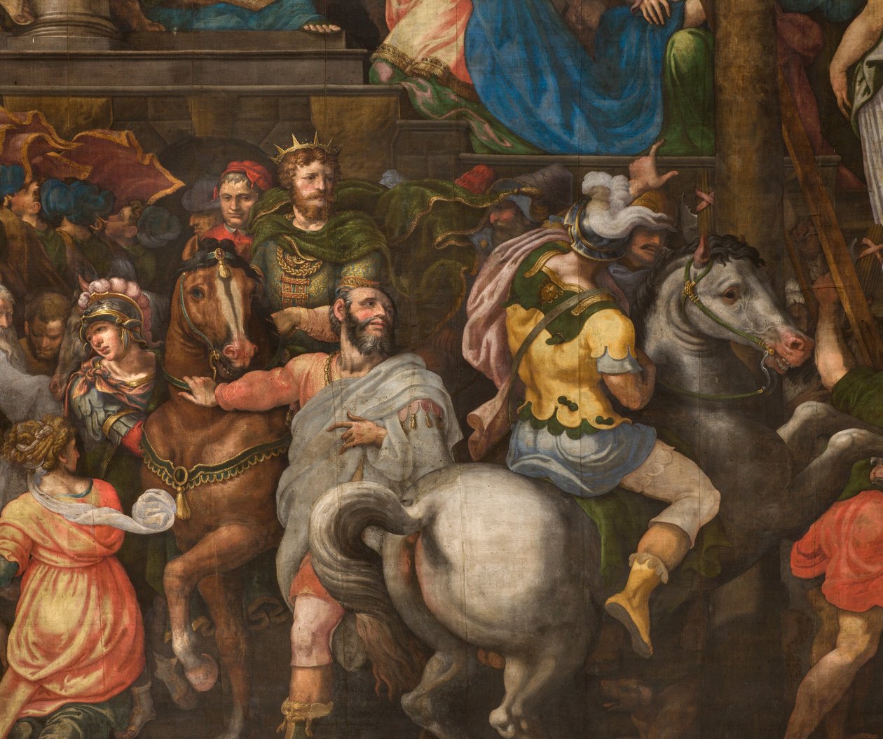 Mur en face de la contre-façade du transept sud, Giuseppe Campi, Triomphe de Mardochée 1567, (détail de la partie inférieure) - Giulio Campi