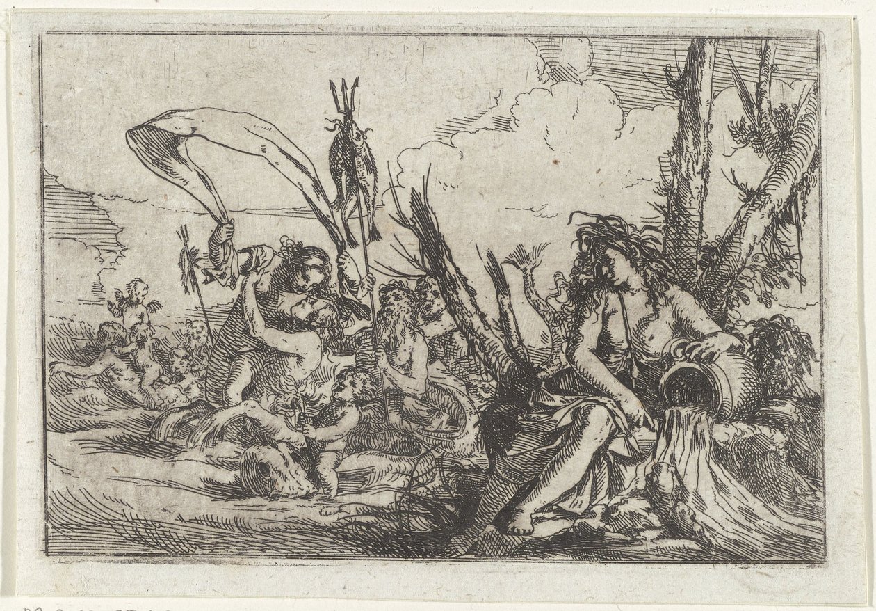 Eau Naiade avec cruche et tritons Les quatre éléments (titre de la série) - Giulio Carpioni (I)
