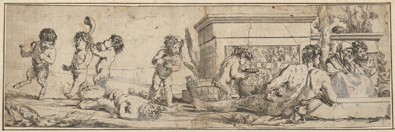 Bacchanale avec des satyres et des putti, une figure masculine nue allongée devant, 1633-78 - Giulio Carpioni