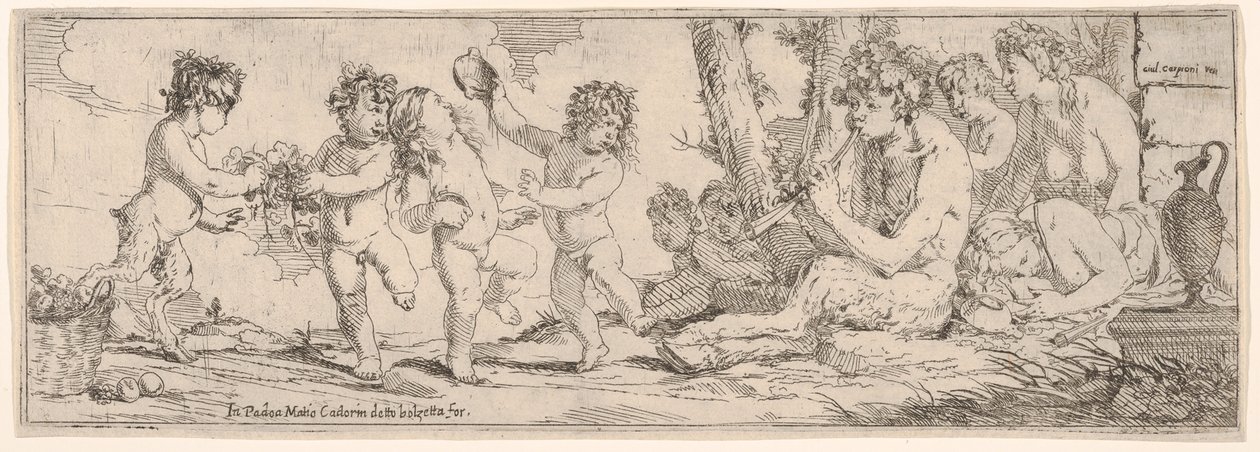 Bacchanale avec satyre jouant du luth et entouré de quatre figures, qui regardent vers un satyre, 1640-60 - Giulio Carpioni
