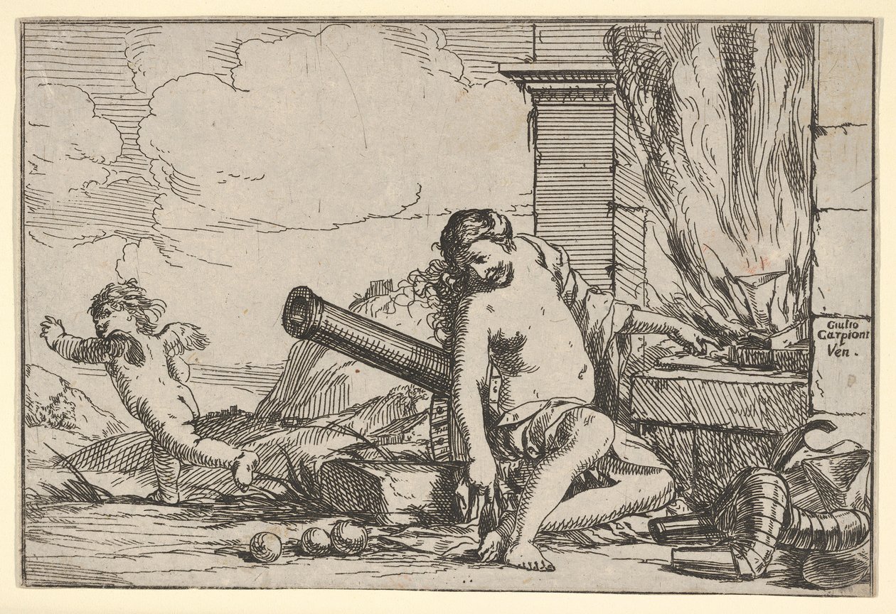 Le Feu, représenté par Vénus assise devant la forge de Vulcain, avec une armure, un canon, et... - Giulio Carpioni