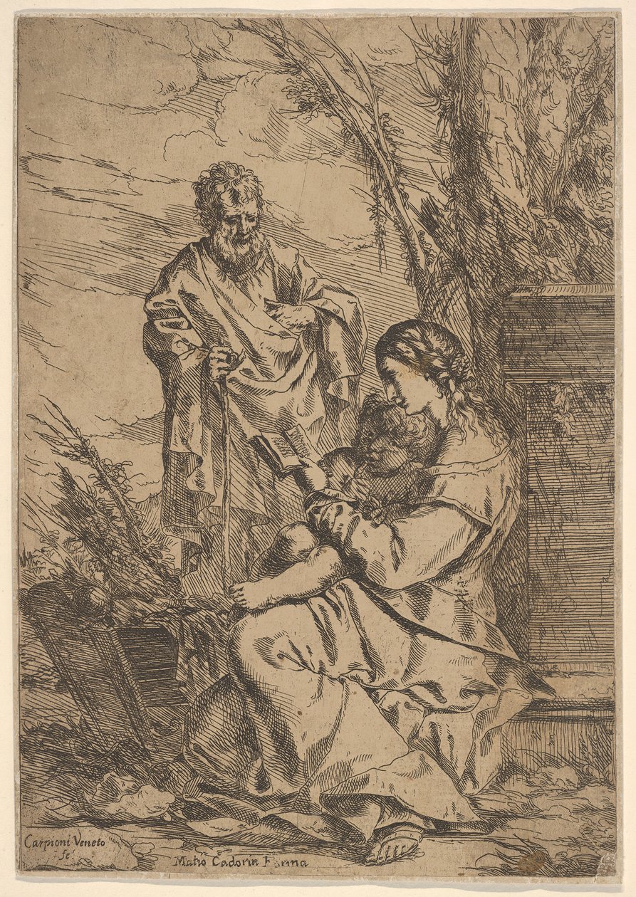 Sainte Famille avec la Vierge lisant, la Vierge assise de profil avec un livre dans sa main gauche - Giulio Carpioni