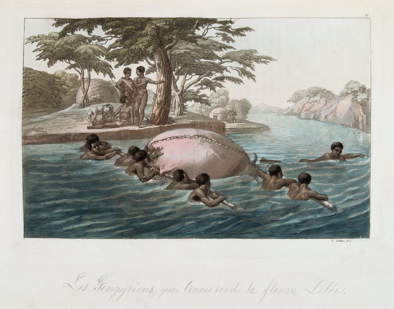 Résidents de Zanzibar traversant la rivière Lebee à la nage - dans "Le costume ancien et moderne" par Ferrario, éd. Milan - Giulio Ferrario