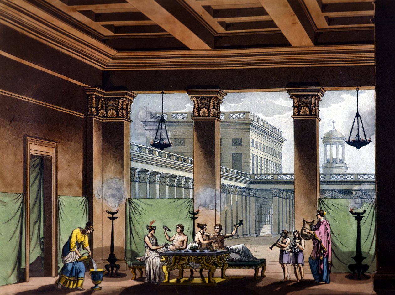 Triclinium avec lampes à huile allumées dans la Grèce antique : scène de banquet - dans Le costume ancien et moderne par Jules Ferrario, éd. Milan - Giulio Ferrario