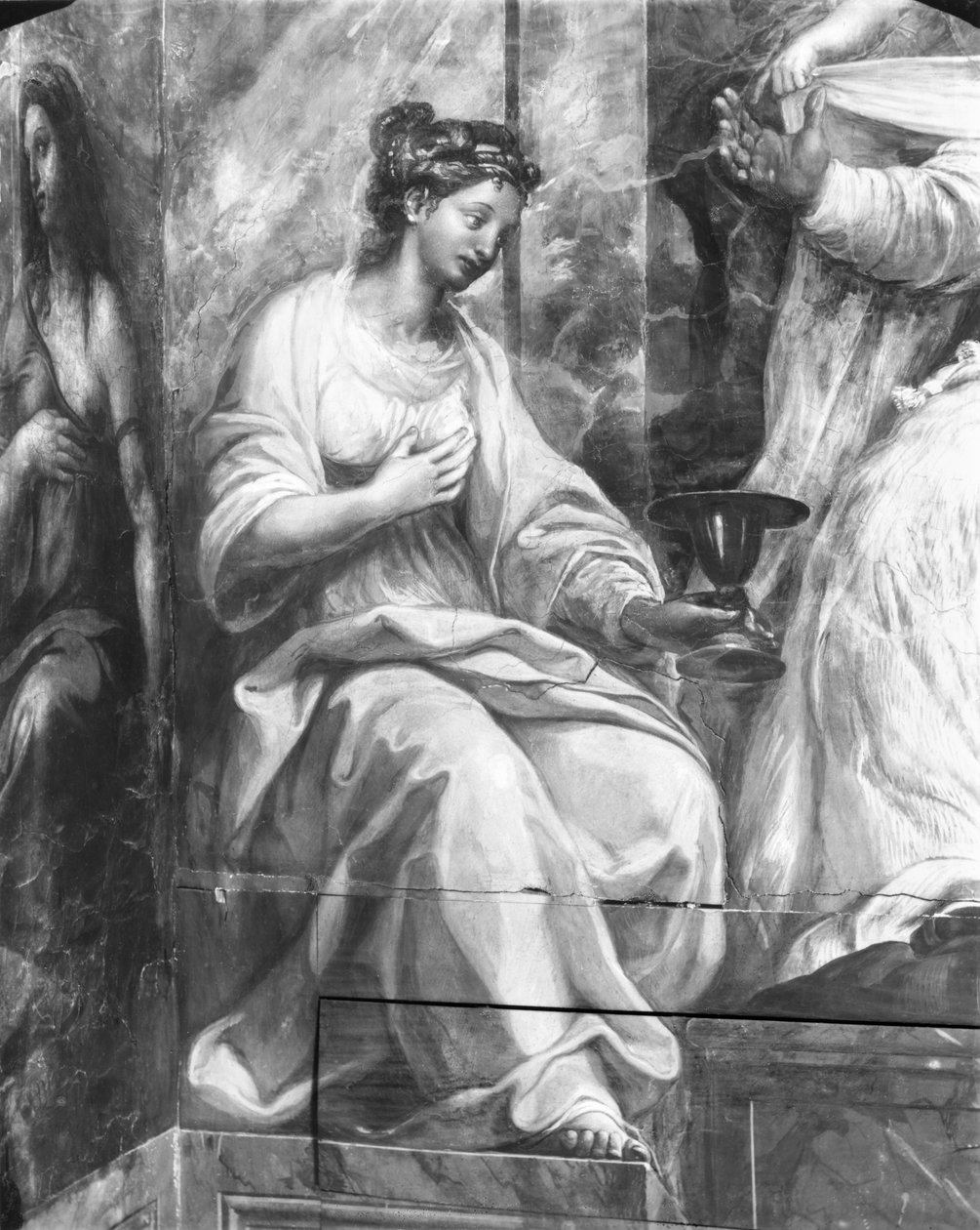 Foi, entourant une des deux figures allégoriques entourant le Pape Sylvestre Ier (314-35) Chambres de Raphaël (détail) - Giulio Romano