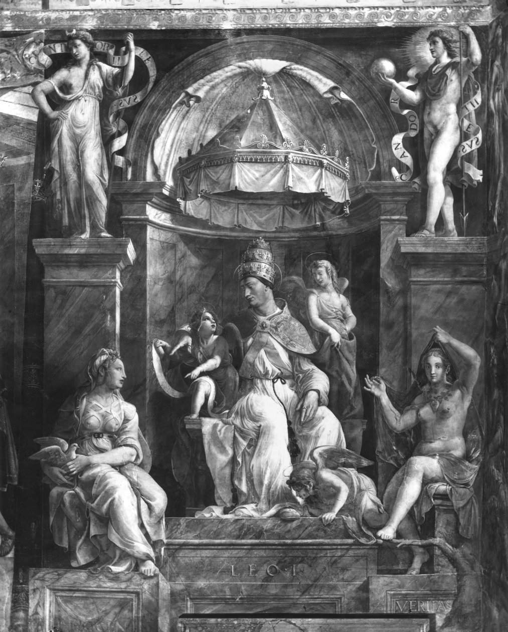 Le Pape Léon Ier le Grand (c.390-461) entre deux Vertus, Chambres de Raphaël - Giulio Romano