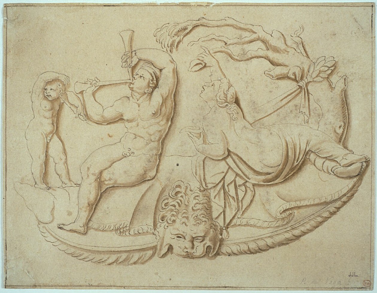 Satyre avec deux cornemuses, Putto et femme buvant de l