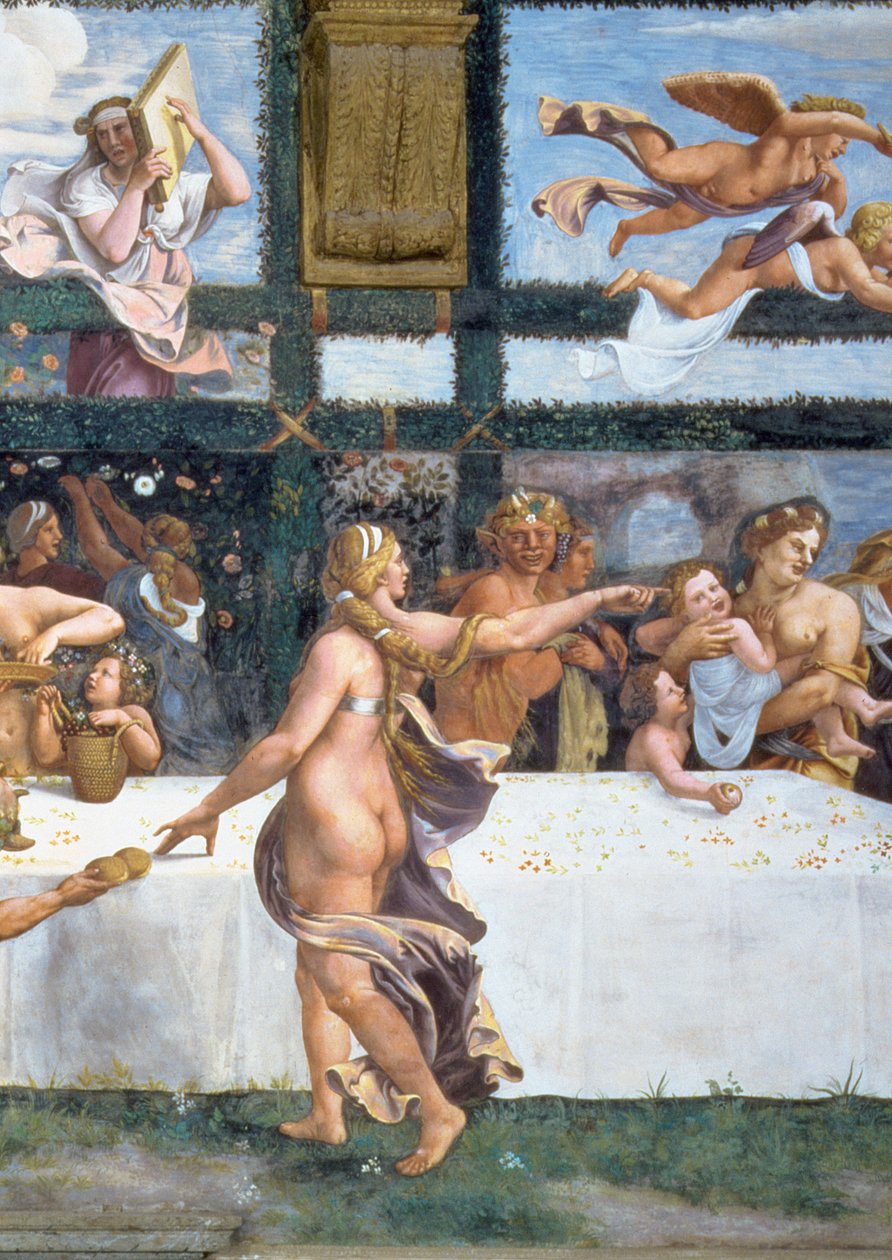 Le banquet rustique célébrant le mariage de Cupidon et Psyché, avec les trois lunettes au-dessus représentant une des épreuves de Psyché pour ramener de l