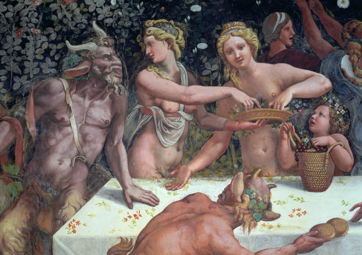Deux Horae dispersant des fleurs, observées par deux satyres, détail du banquet rustique célébrant le mariage de Cupidon et Psyché de la Sala di Amore e Psiche, 1528 (détail) - Giulio Romano