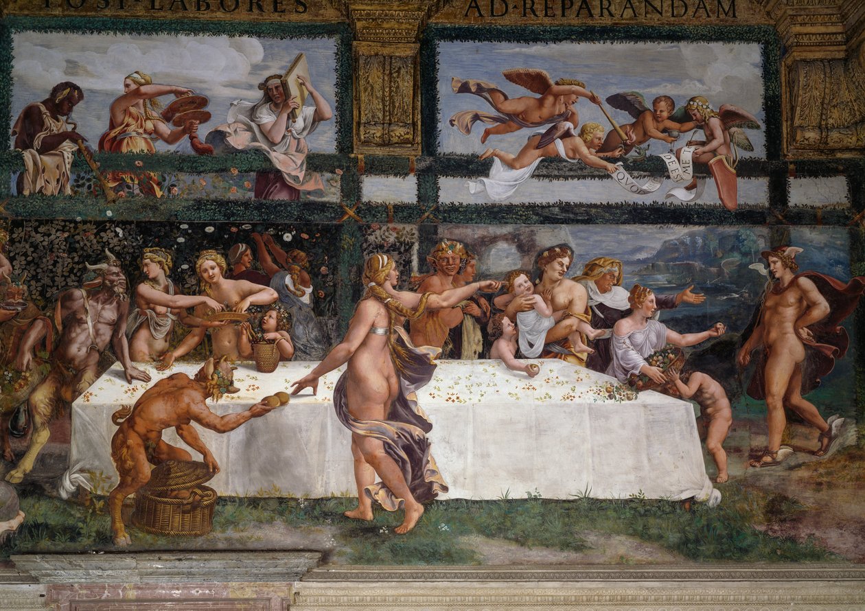 Festin de mariage ou Banquet des dieux, fresque de Giulio Romano, mur ouest de la Chambre de Cupidon et Psyché, Palazzo Te, Mantoue (Liste du patrimoine mondial de l