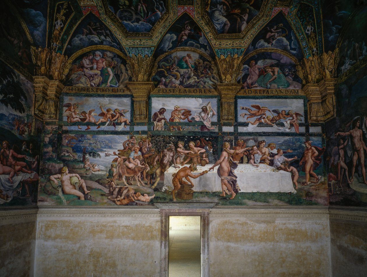 Festin de mariage ou Banquet des dieux, fresque de Giulio Romano, mur ouest de la Chambre de Cupidon et Psyché, Palazzo Te, Mantoue (Liste du patrimoine mondial de l