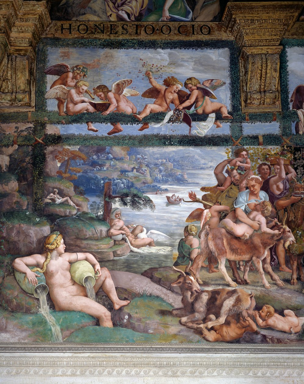 Festin de noces ou Banquet des dieux, fresque de Giulio Romano (1499-1546), mur ouest de la Chambre de Cupidon et Psyché, Palazzo Te, Mantoue (Liste du patrimoine mondial de l