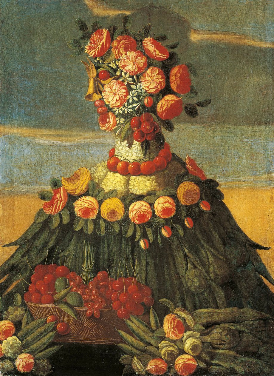 Italie, Florence, Le Printemps, panier de cerises avec des fleurs - Giuseppe (follower of) Arcimboldo