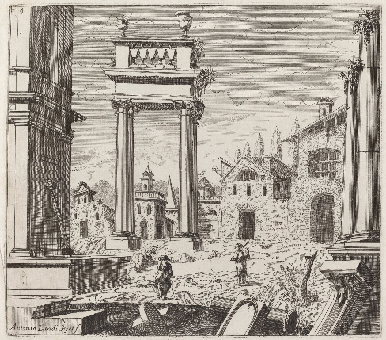Fantaisie Architecturale avec Ruines Classiques et Bâtiments Vernaculaires - Giuseppe Antonio Landi