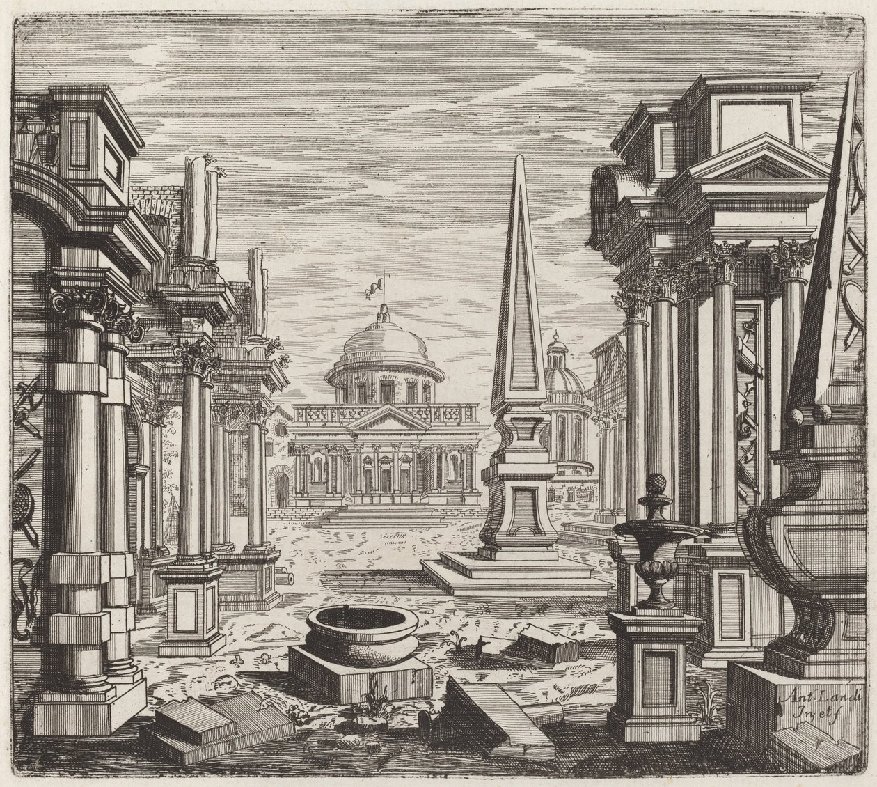 Fantaisie architecturale avec obélisques, ruines et une piazza - Giuseppe Antonio Landi