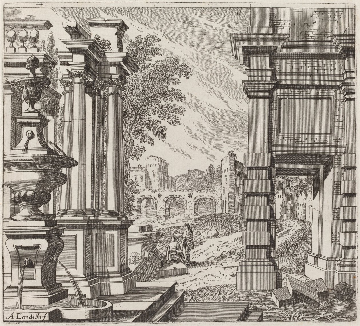 Fantaisie Architecturale avec une Fontaine, des Ruines Classiques et un Pont - Giuseppe Antonio Landi