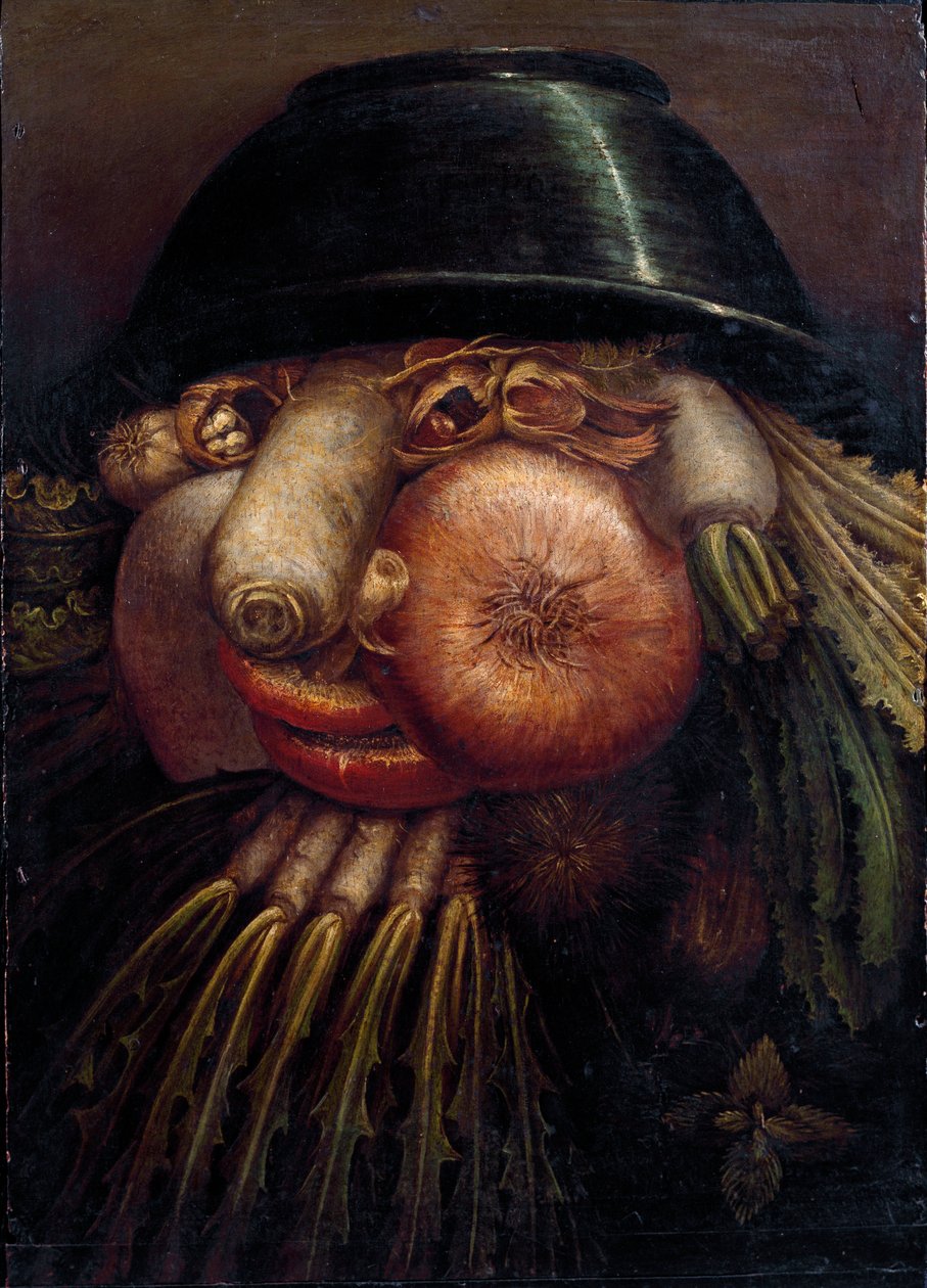 Portrait avec légumes (Le Maraîcher). Parmi les légumes et fruits représentés : noix, radis, champignon, ail, châtaigne, oignon, salade, noisette et navet. Peinture de Giuseppe Arcimboldo (1527-1593) Crémone, Pinacoteca Comunale - Giuseppe Arcimboldo