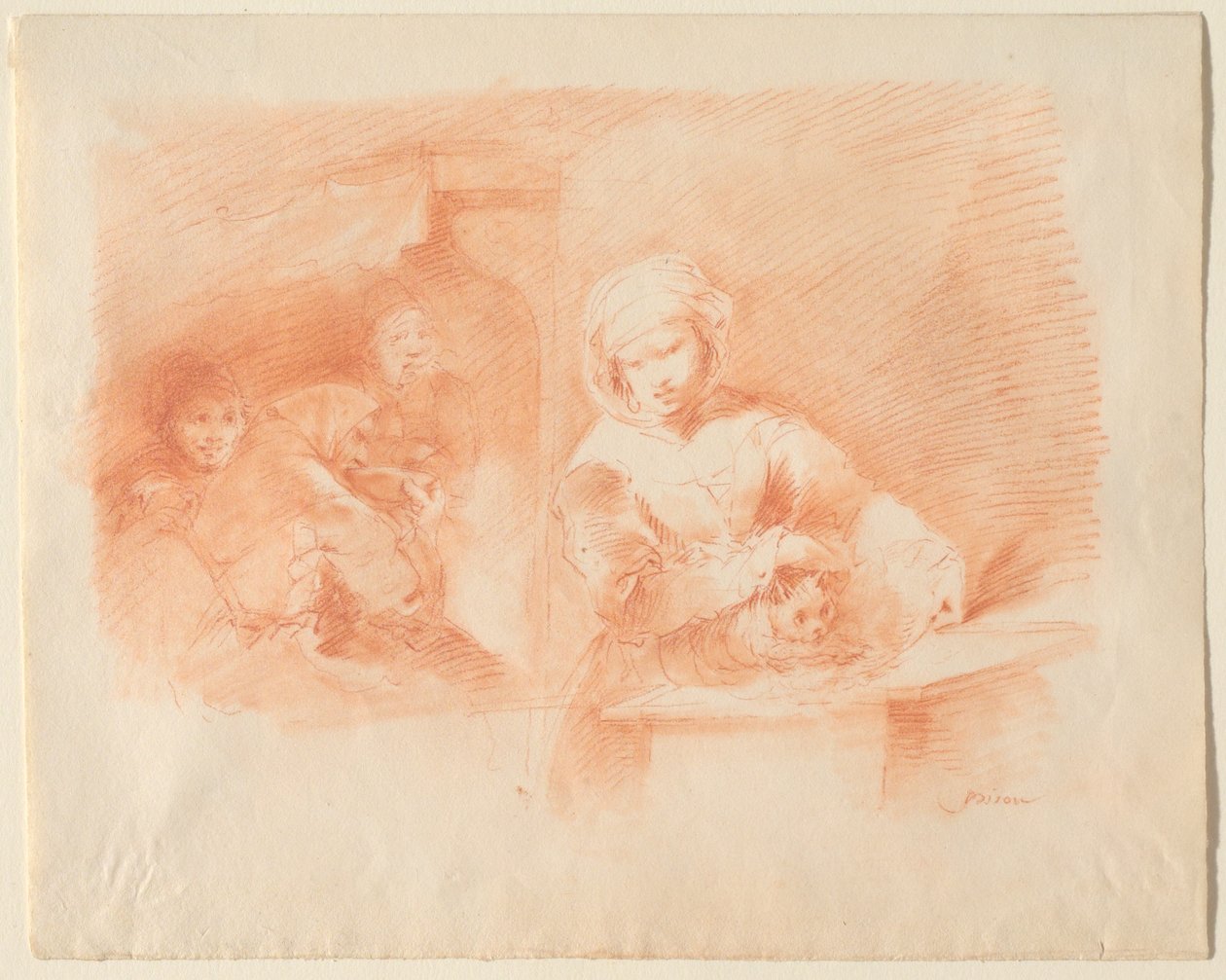 Häusliche Szene mit Bauern und einer Katze - Giuseppe Bernardino Bison