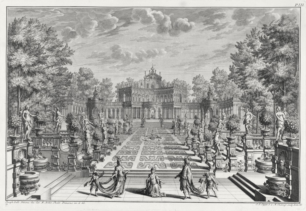 Décor pour une opéra dans un jardin, de Architectus Theatralis Primarius, gravé par Johann Andreas Pfeffel, publié en 1740 - Giuseppe Bibiena
