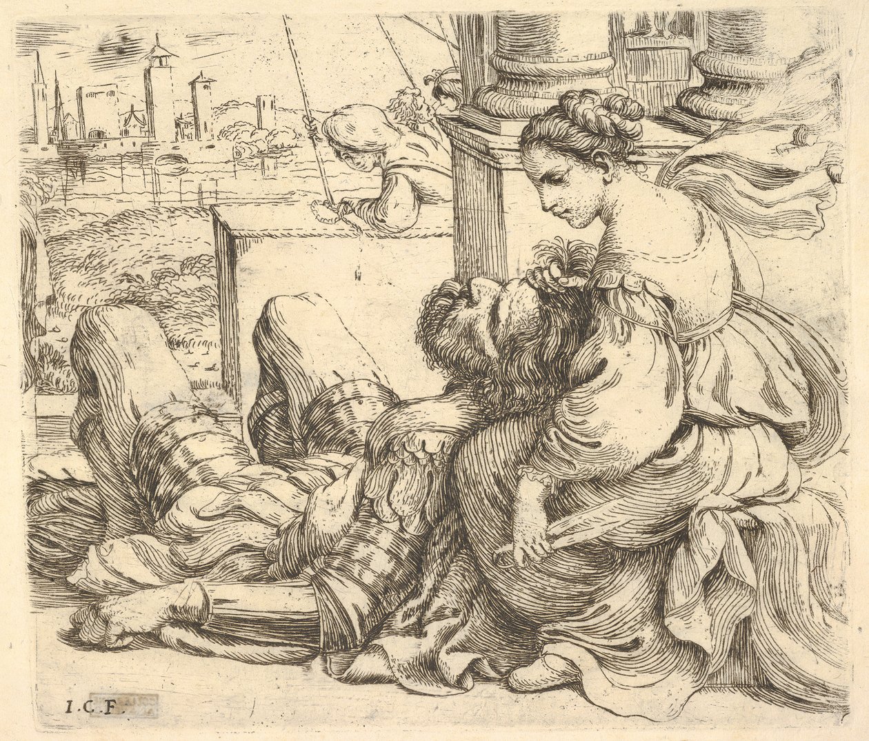 Dalila tenant les cheveux de Samson et une paire de ciseaux - Giuseppe Caletti