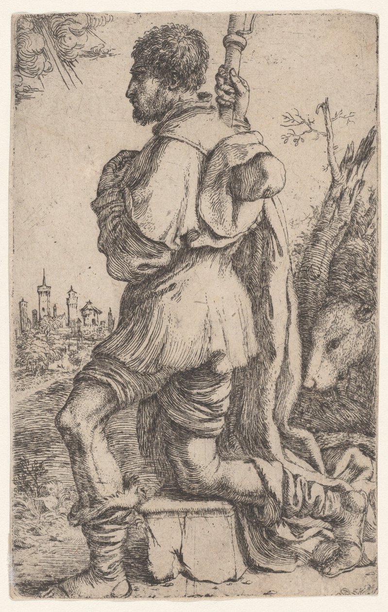Saint Roch, agenouillé sur une pierre, vu de côté avec son chien derrière lui - Giuseppe Caletti