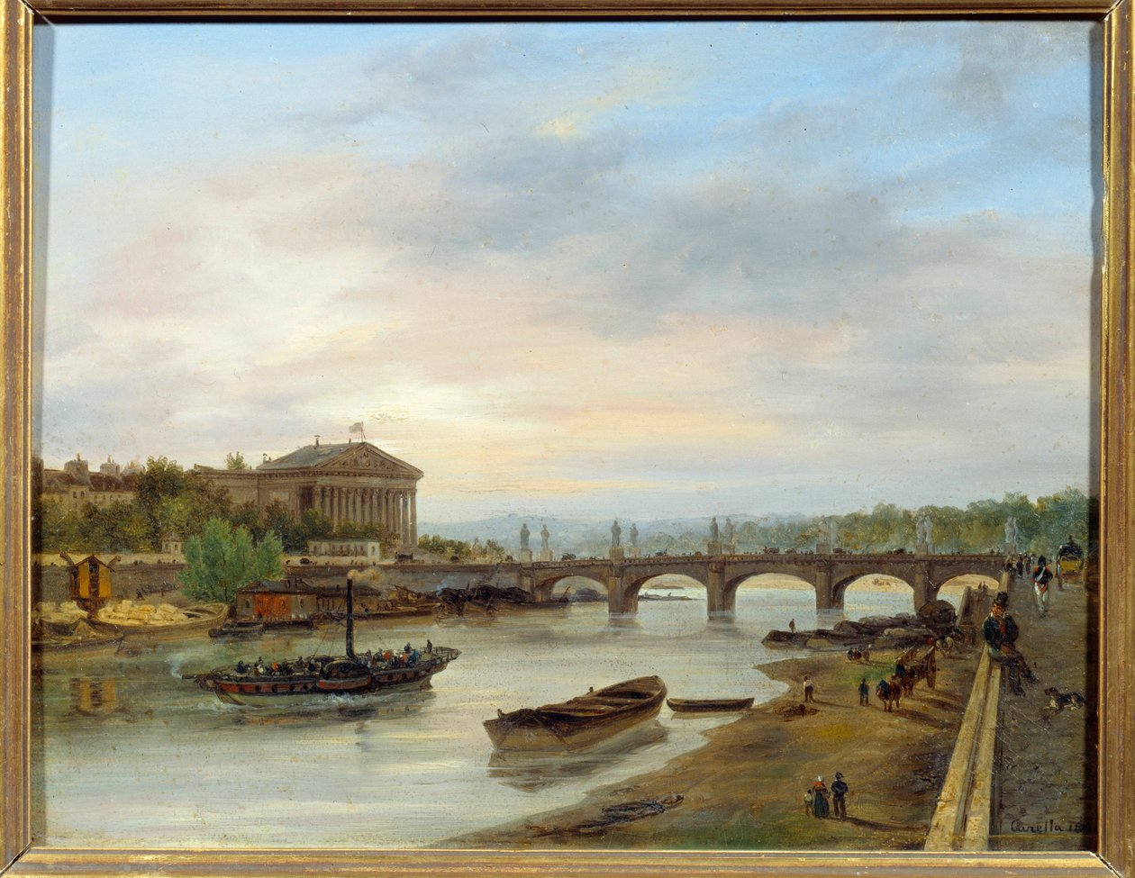 Le Palais Bourbon et le Pont Louis XVI (Pont de la Concorde) vus du Quai des Tuileries à Paris. Peinture de Giuseppe Canella (1788-1847) EC.ITAL. - Giuseppe Canella