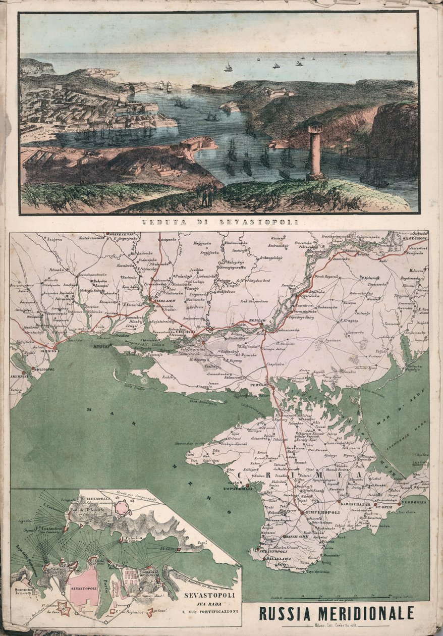 Carte du sud de la Russie avec vue sur la baie de Sébastopol et ses fortifications, 1853 - Giuseppe Civelli