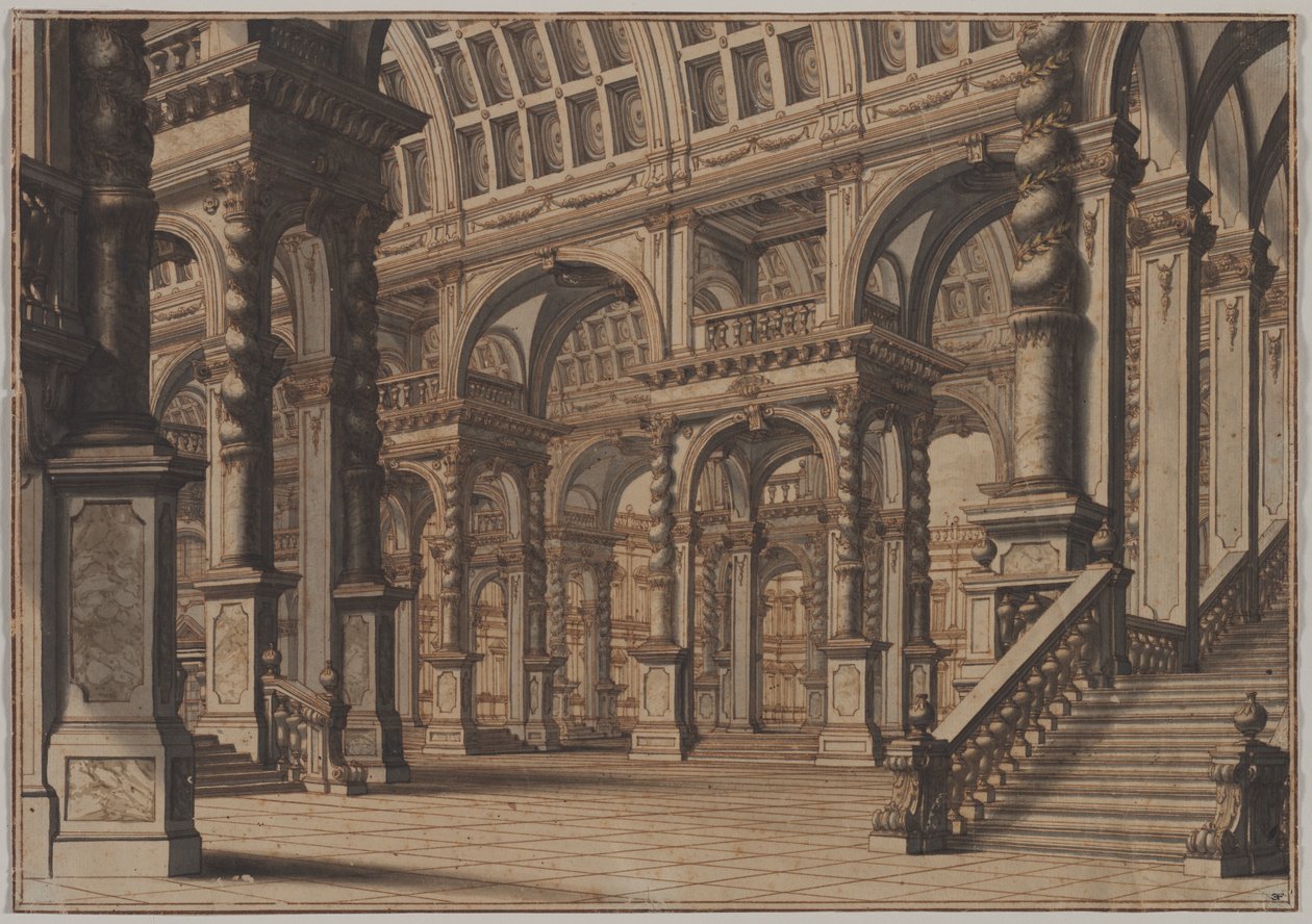 Salle voûtée monumentale avec escalier - Giuseppe Galli Bibiena