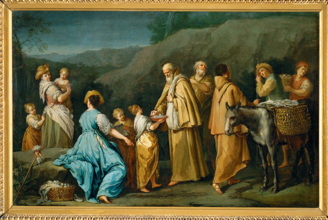 Religieux queteurs a qui une jeune fille donne des oefs - Mendicant friars to whom a little girl offers eggs … - Giuseppe Gambarini