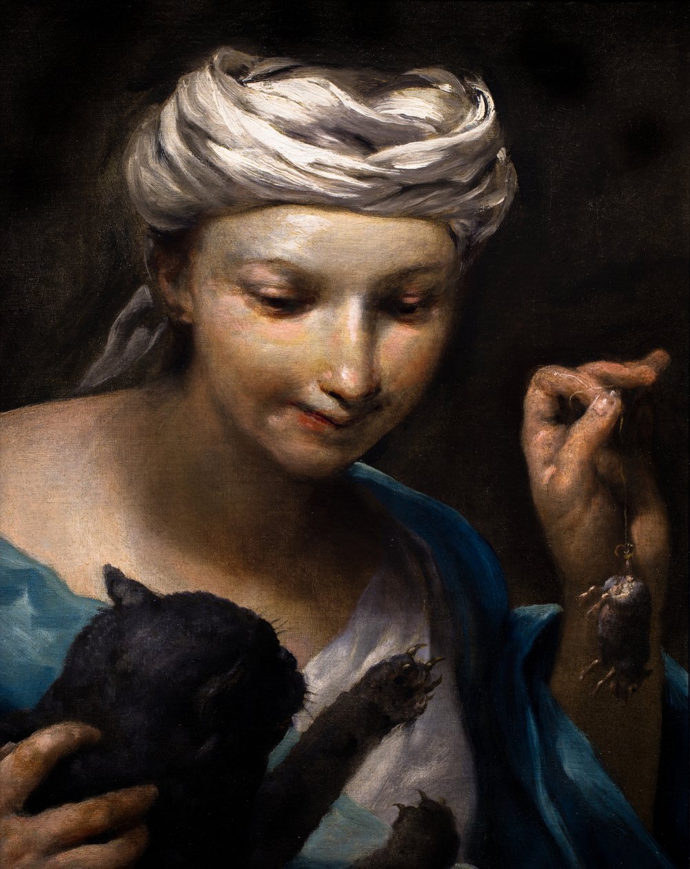 Petite fille jouant avec un chat et une souris morte (détail) - Giuseppe Maria (1665-1747) Crespi
