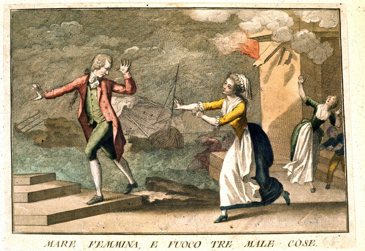 Le dicton : « La mer, les femmes et le feu : les trois maux ». Gravure du 18e siècle illustrant une série de proverbes. Giuseppe Piattoli - Giuseppe Piattoli
