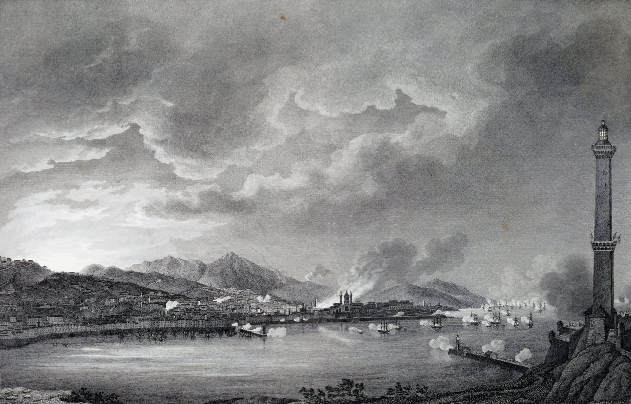 Gênes bombardée par la flotte anglaise, 25 mai 1800, gravure sur acier d
