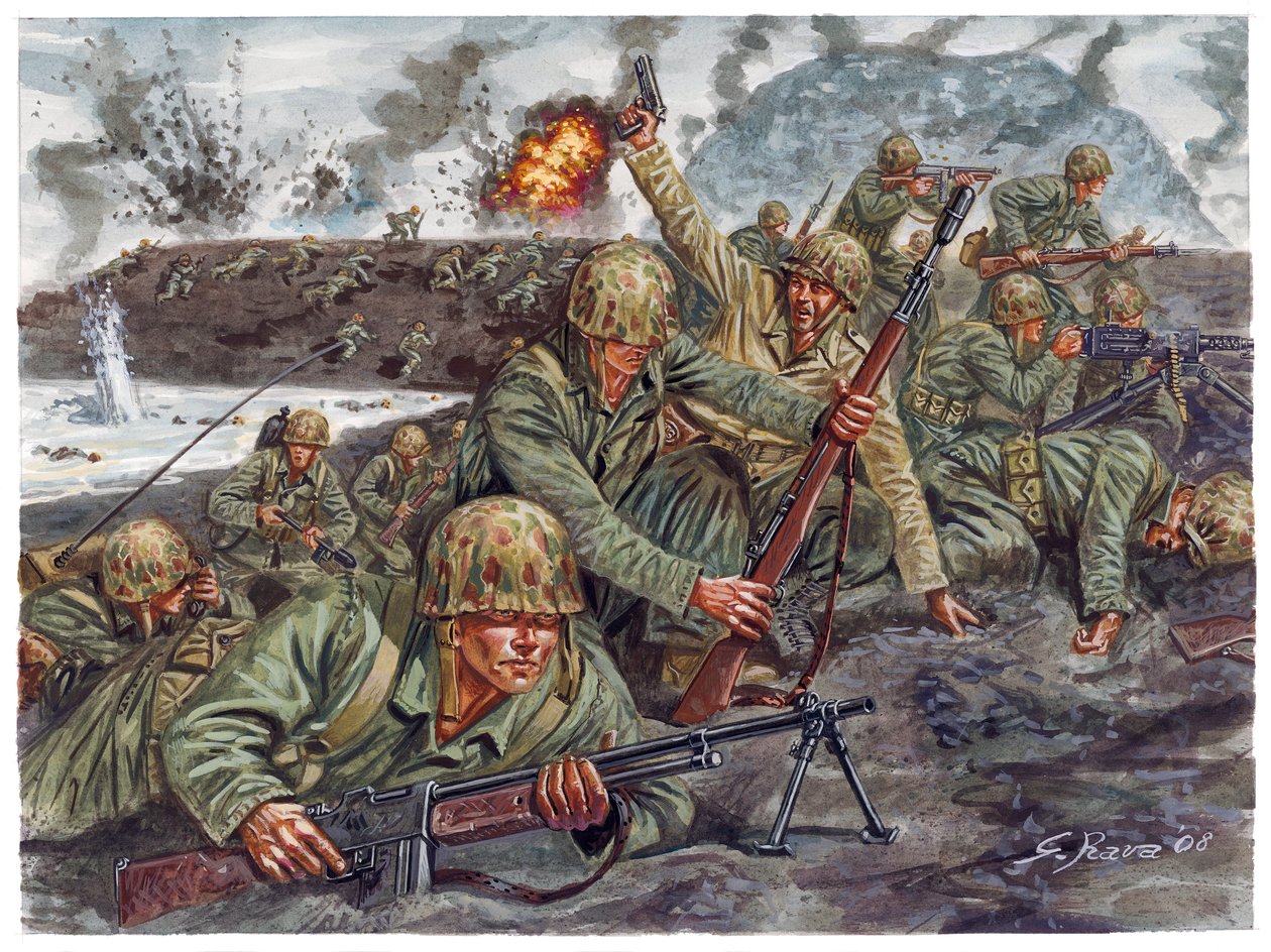Seconde Guerre mondiale, Guerre du Pacifique : Débarquement le 19/02/1945 du corps amphibie des Marines pendant la bataille d