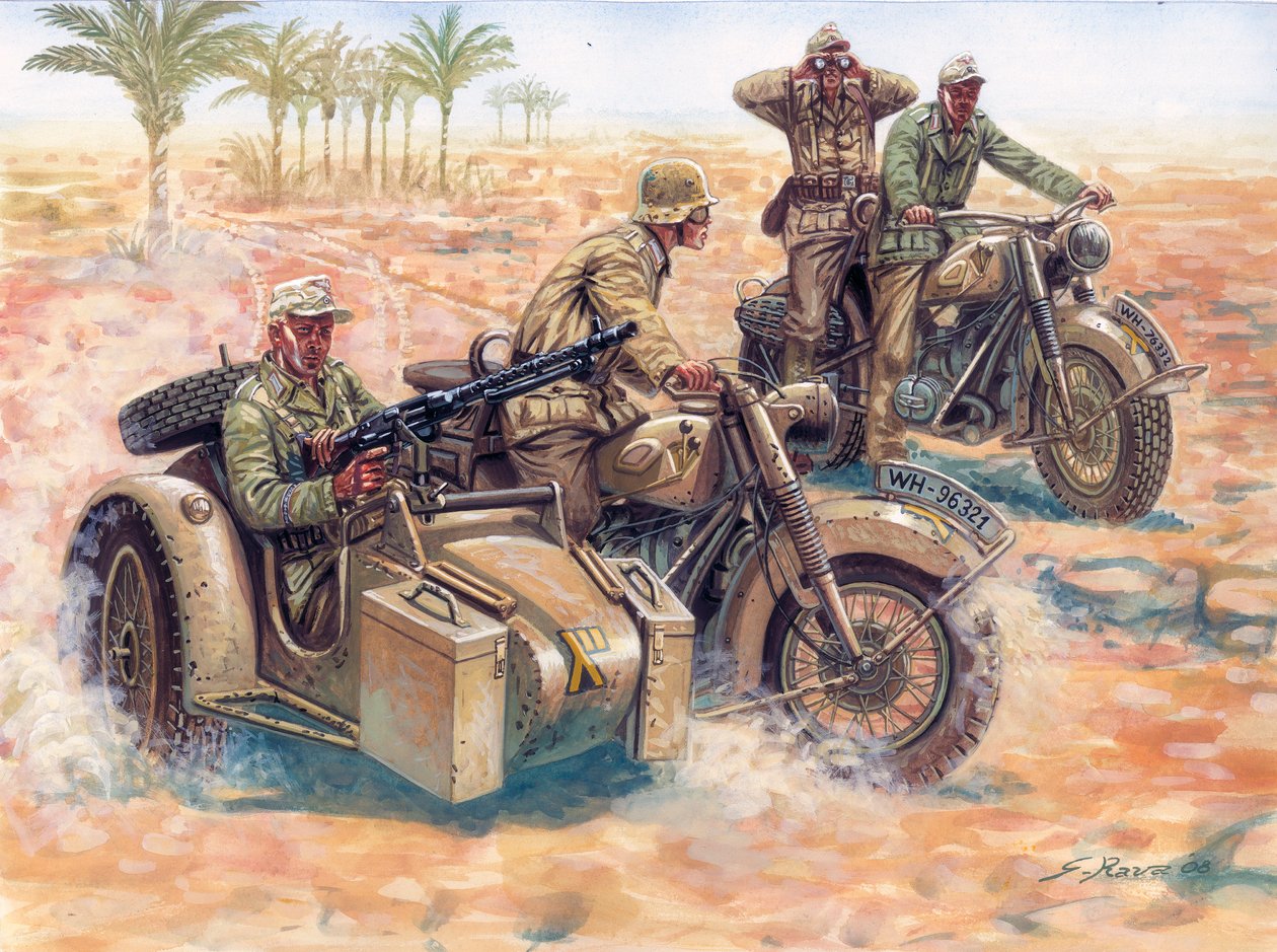 Seconde Guerre mondiale : le Deutsches Afrikakorps (DAK Afrika Korps) roulant dans le désert libyen en sidecars BMW - Giuseppe Rava