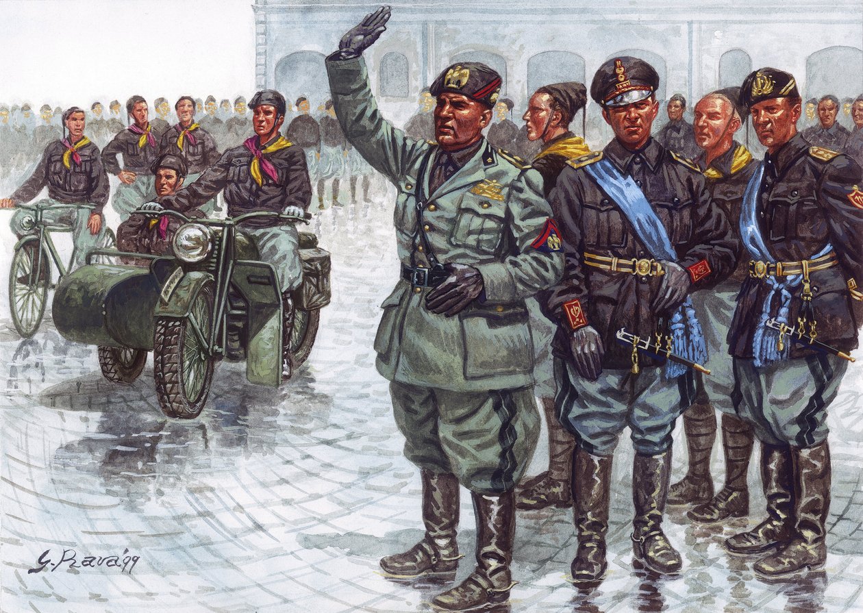 Le Duce Benito Mussolini (1883-1945), accompagné de ses Chemises noires (Camicie nere), faisant le salut fasciste lors d