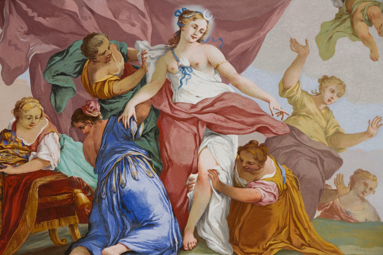 Représentations du mythe de Diane, par Domenico et Giuseppe Valeriani, fresque, plafond voûté de la chambre, résidence de chasse, par Filippo Juvarra, Stupinigi, Piémont, Italie - Giuseppe and Valeriani Domenico Valeriani