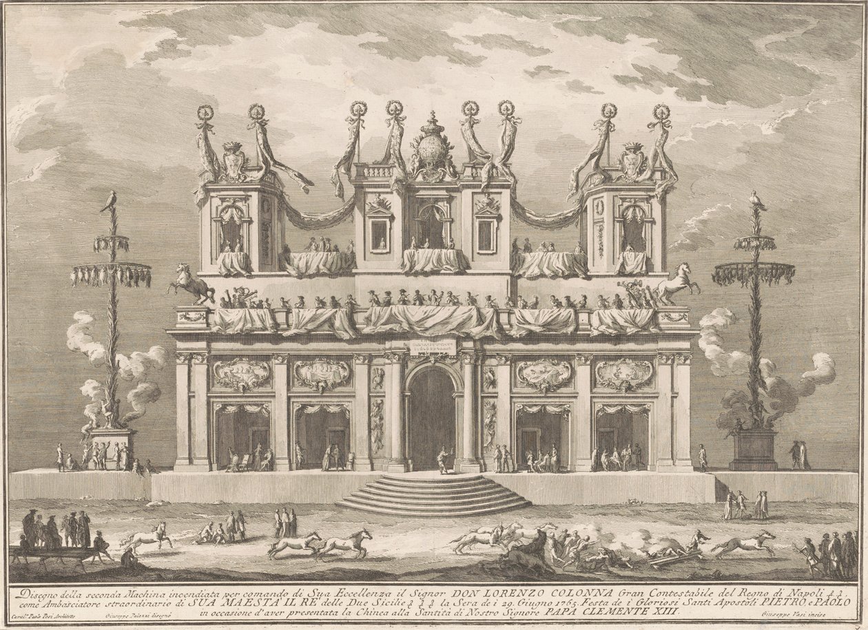 La Seconde Machine pour la Chinea de 1765 : Un Bâtiment Décoré avec des Poteaux de Cocagne - Giuseppe Vasi, after Giuseppe Palazzi, after Paolo Posi