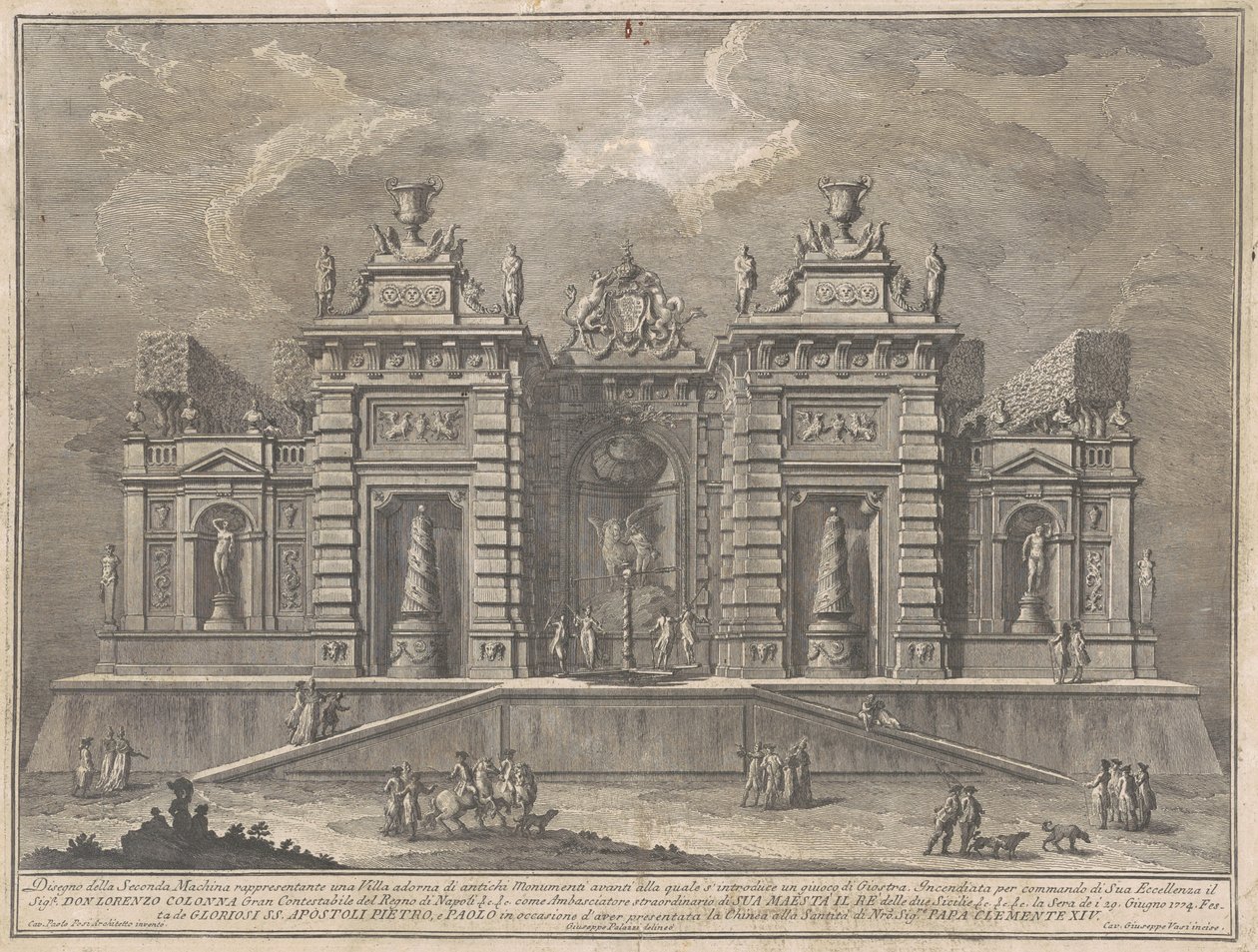 La Seconde Machine pour la Chinea de 1774 : Une villa avec des monuments anciens et un jeu de "Giostra" - Giuseppe Vasi, after Giuseppe Palazzi, after Paolo Posi